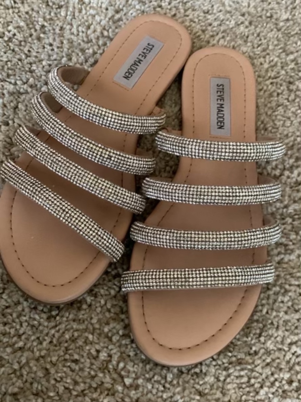 Steve Madden Nude Slide Sandals with Silver Crystal Straps